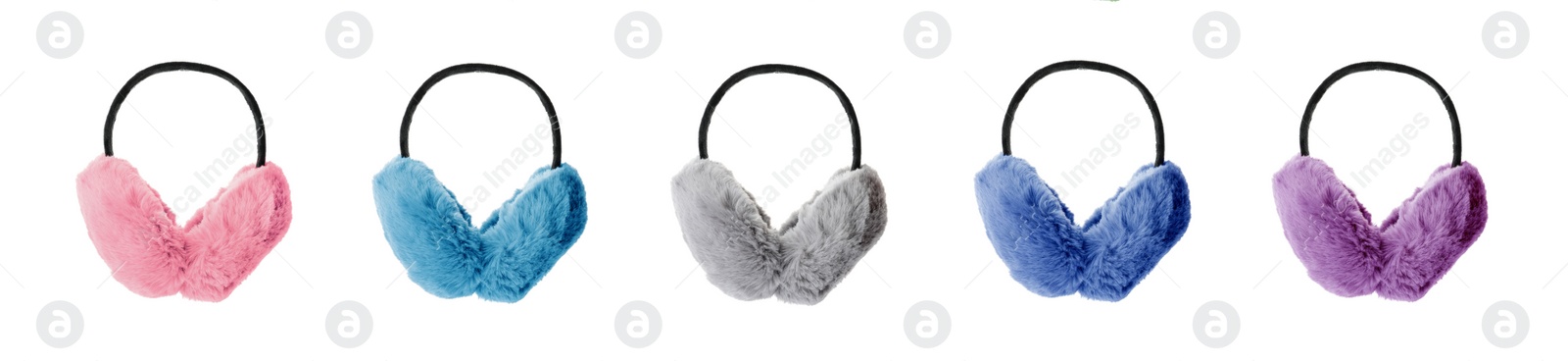 Image of Set with different colorful soft earmuffs on white background. Banner design