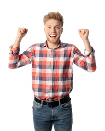 Photo of Portrait of emotional man posing on white background