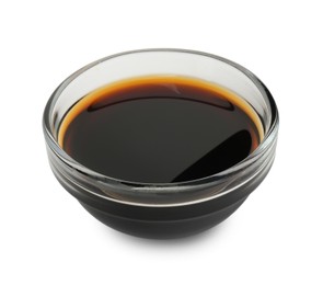 Photo of Tasty soy sauce in glass bowl isolated on white