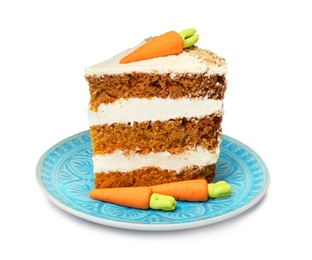 Photo of Piece of sweet carrot cake with delicious cream on plate against white background