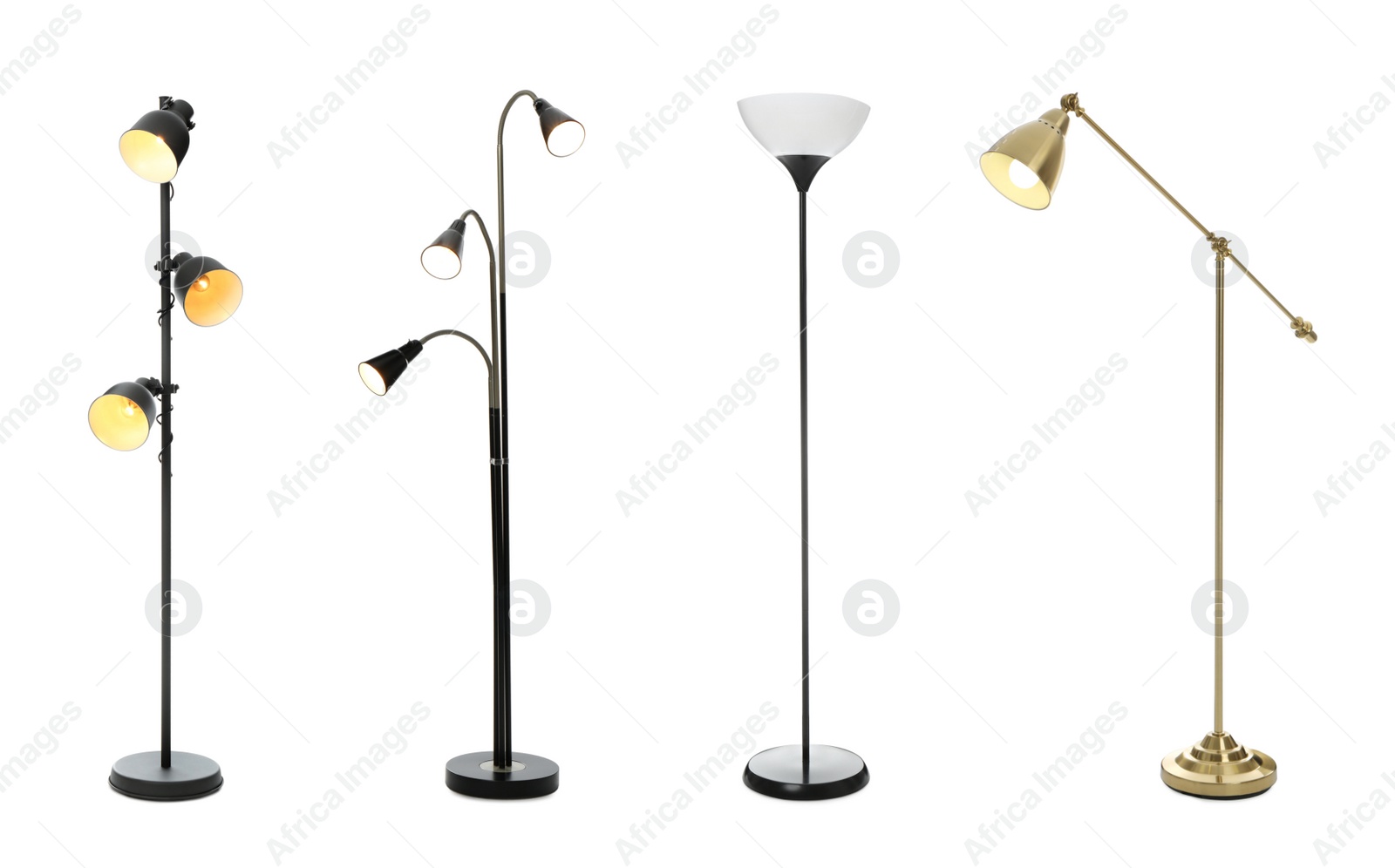 Image of Set with different stylish floor lamps on white background