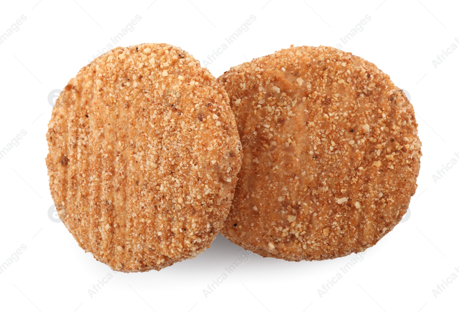Photo of Vegan cutlets with breadcrumbs isolated on white, top view