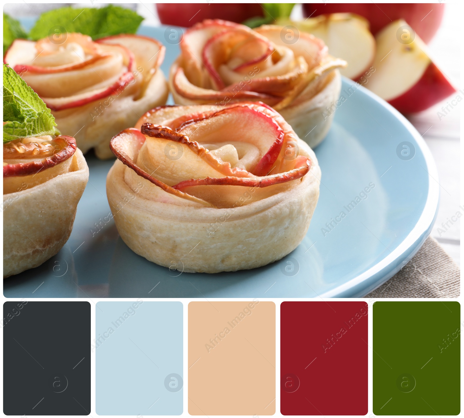 Image of Freshly baked apple roses on plate and color palette. Collage