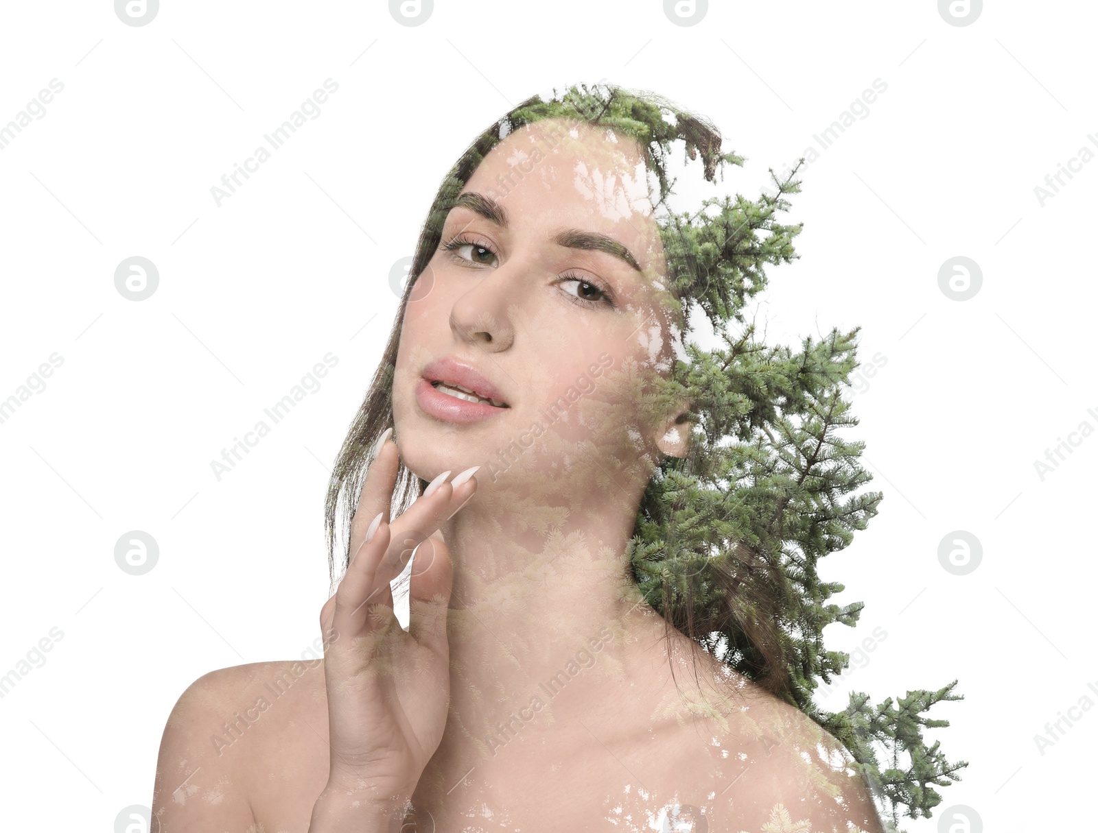 Image of Double exposure of beautiful woman and trees on white background