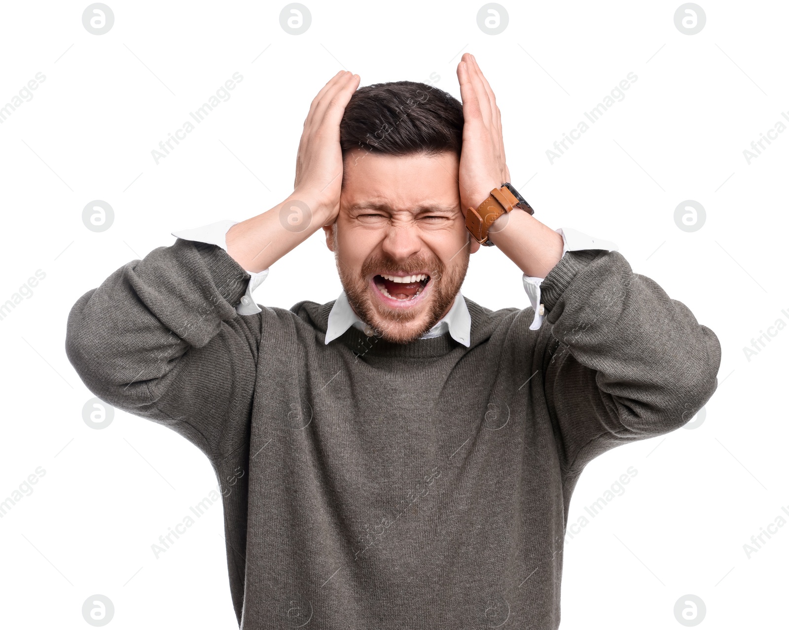 Photo of Emotional handsome bearded businessman on white background