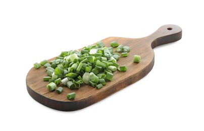 Photo of Wooden board with chopped green onion isolated on white
