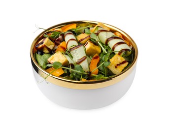 Delicious salad with tofu, vegetables and balsamic vinegar in bowl isolated on white