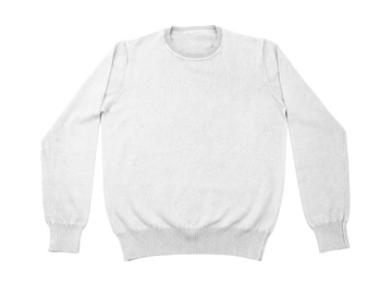 Photo of Light grey sweater isolated on white, top view