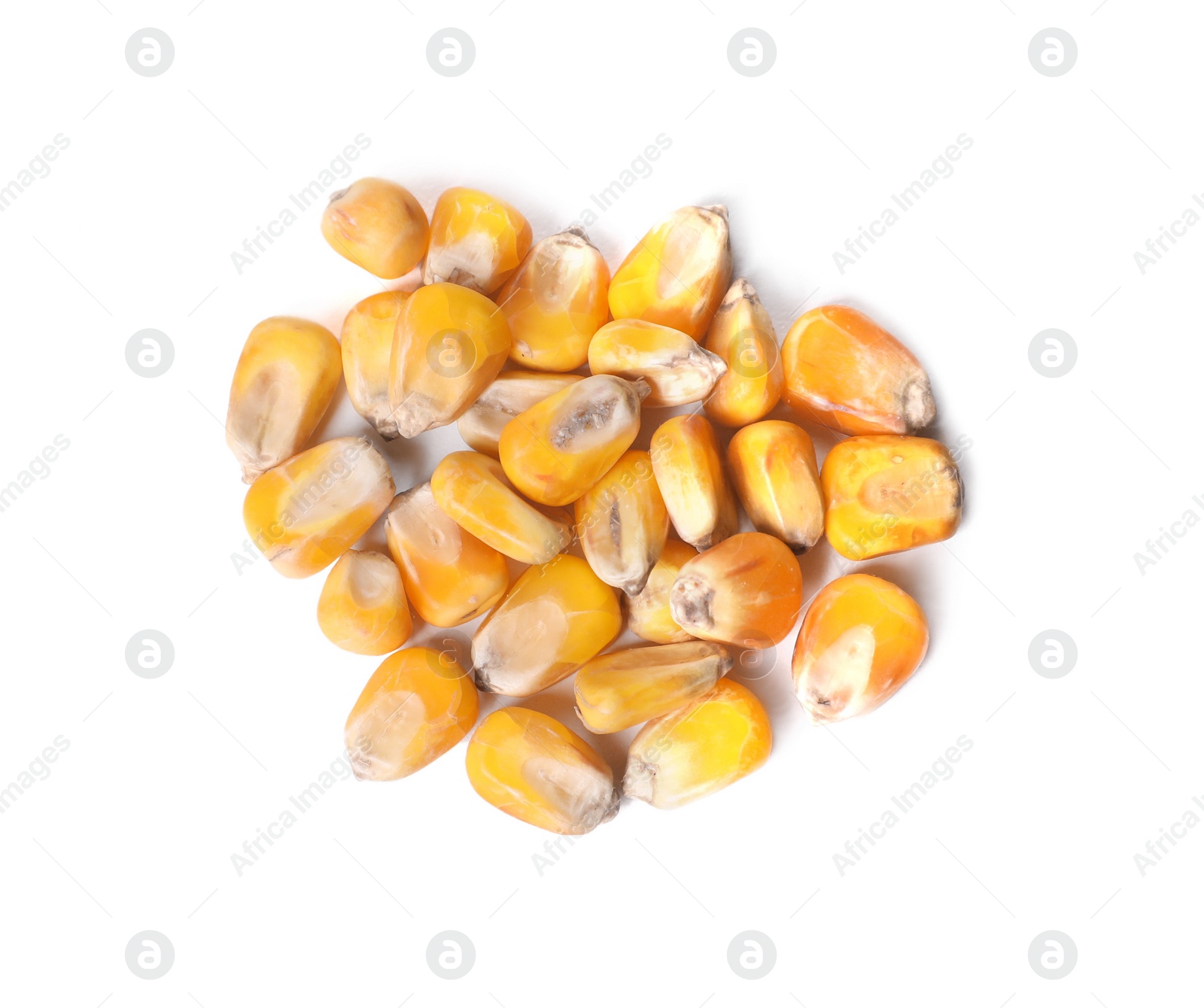 Photo of Pile of corn seeds on white background, top view