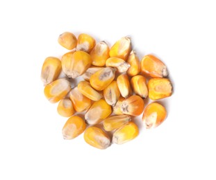 Photo of Pile of corn seeds on white background, top view