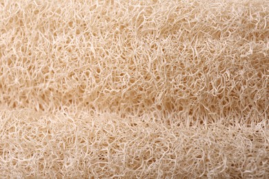 Photo of Loofah sponge as background, closeup. Personal hygiene product