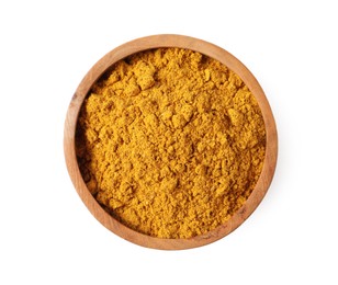 Photo of Dry curry powder in bowl isolated on white, top view