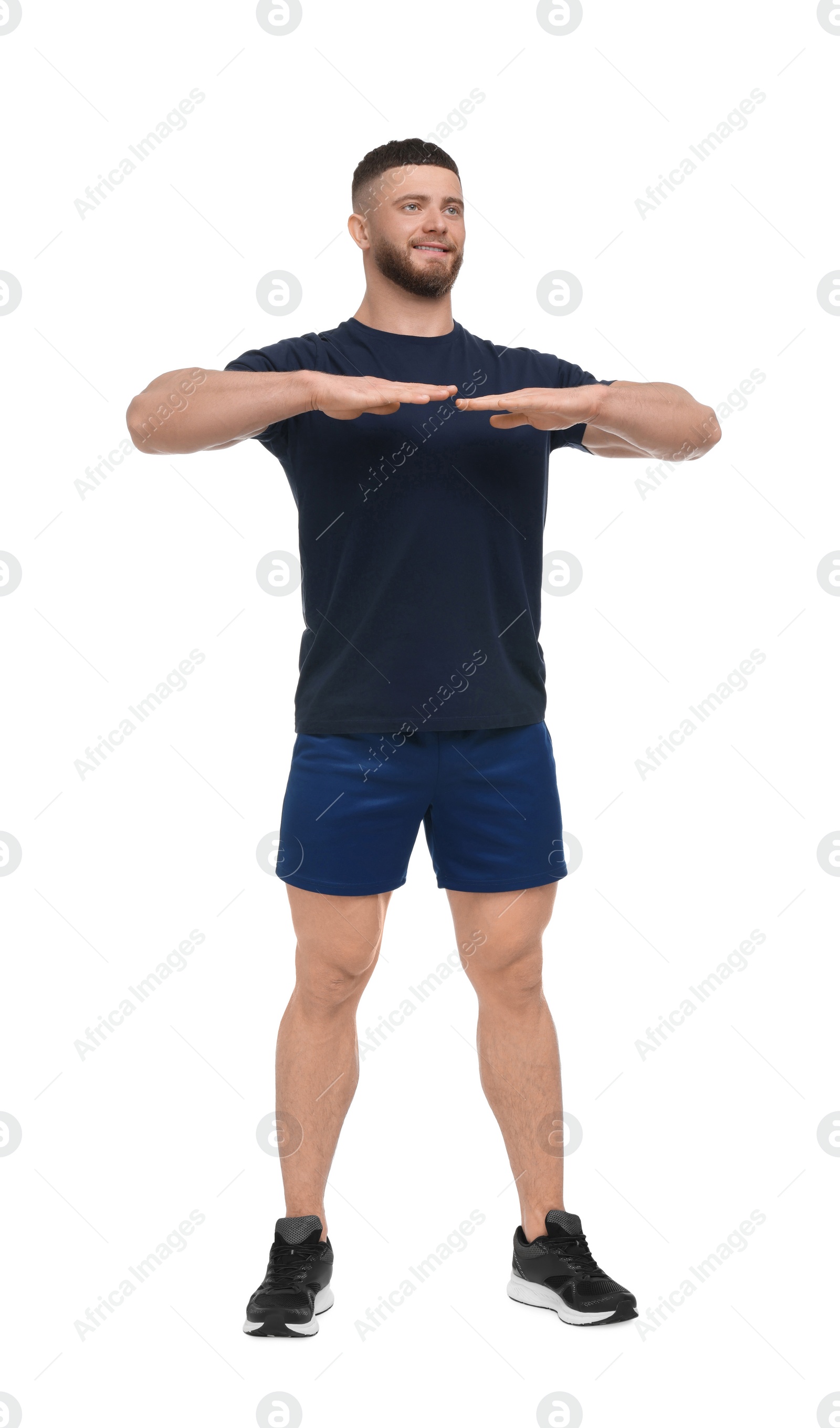 Photo of Man doing morning exercise on white background