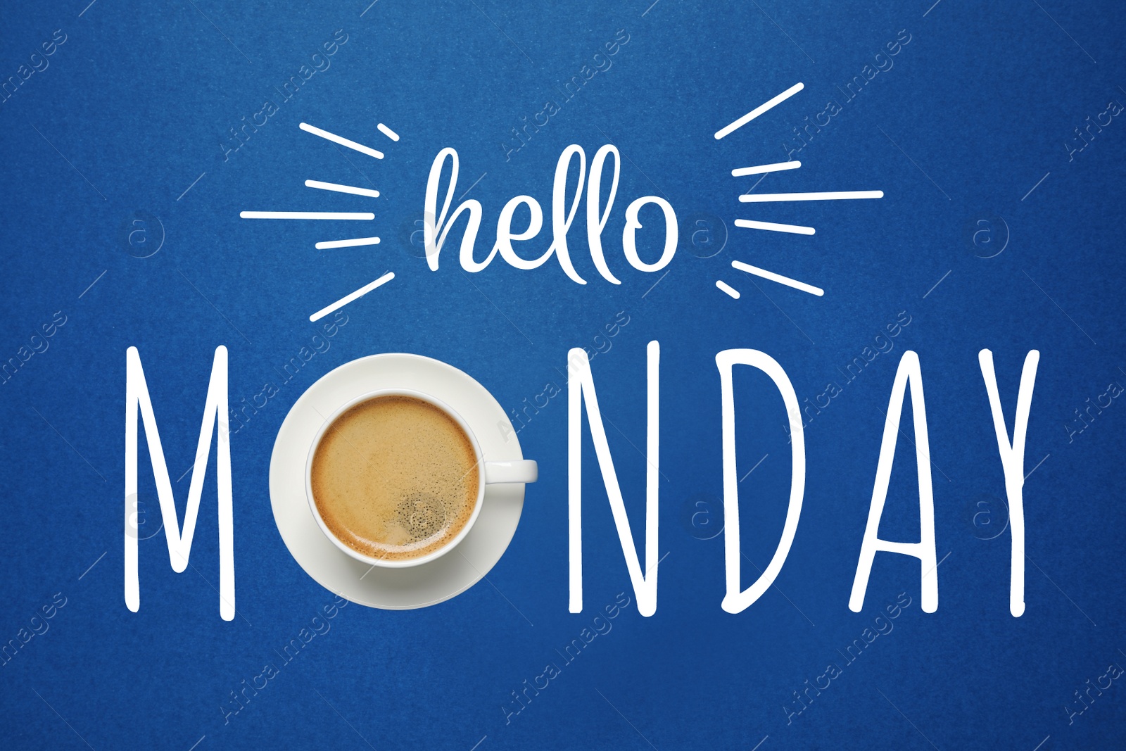 Image of Cup of hot aromatic coffee and phrase Hello Monday on blue background, top view