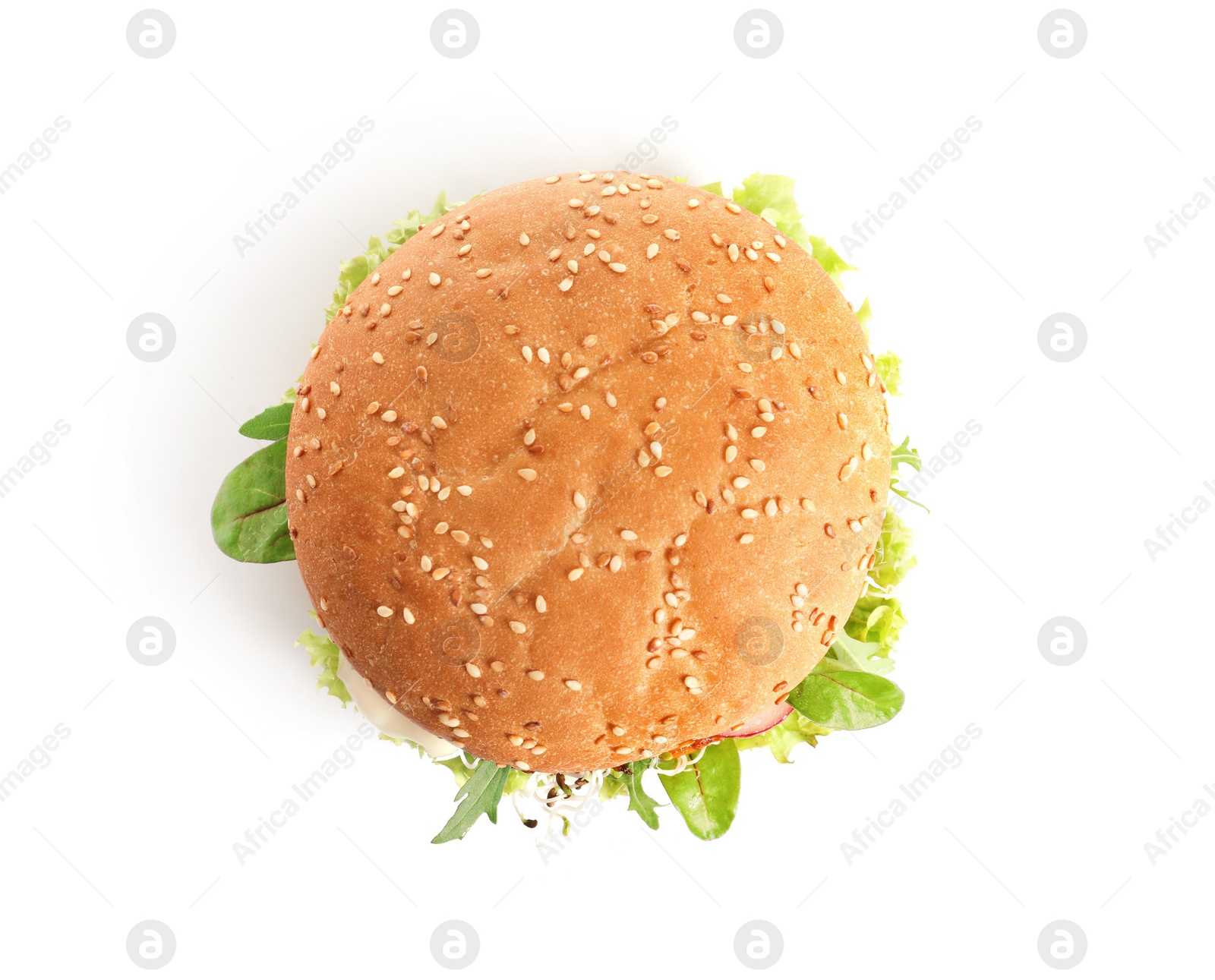 Photo of Tasty vegetarian burger on white background, top view