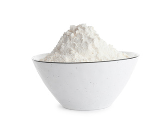 Photo of Organic flour in ceramic bowl isolated on white