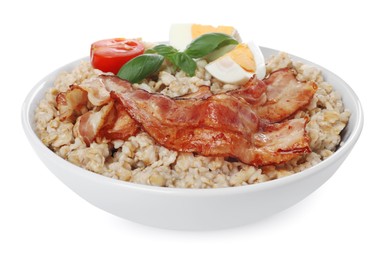Photo of Tasty boiled oatmeal with egg, bacon and tomatoes isolated on white