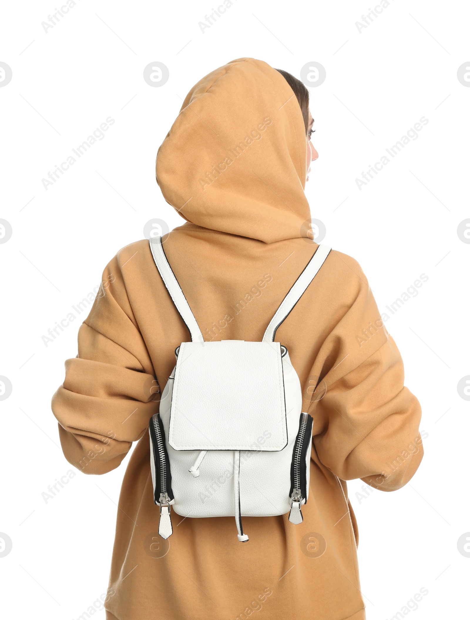 Photo of Beautiful young woman in casual outfit with stylish bag on white background