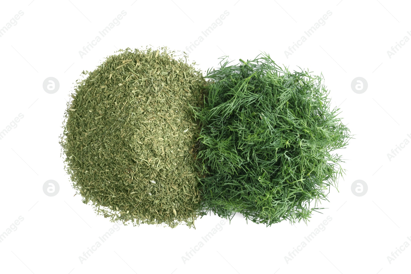 Photo of Piles of aromatic dry and fresh dill on white background, top view