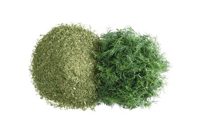 Piles of aromatic dry and fresh dill on white background, top view
