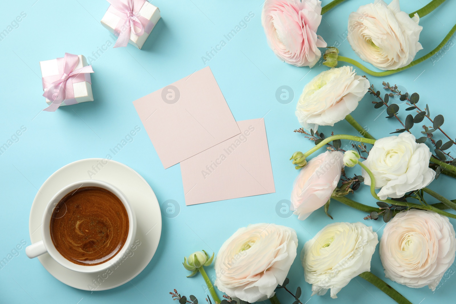 Photo of Flat lay composition with spring ranunculus flowers and cards on color background. Space for text