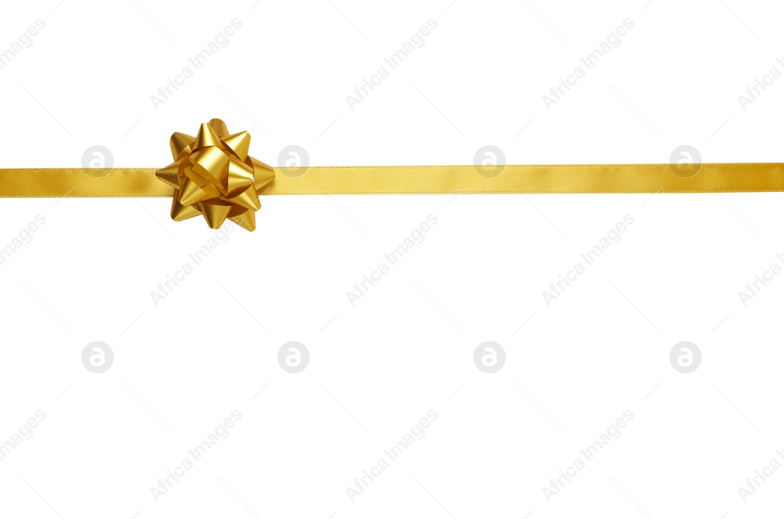 Photo of Golden ribbon with bow on white background, top view