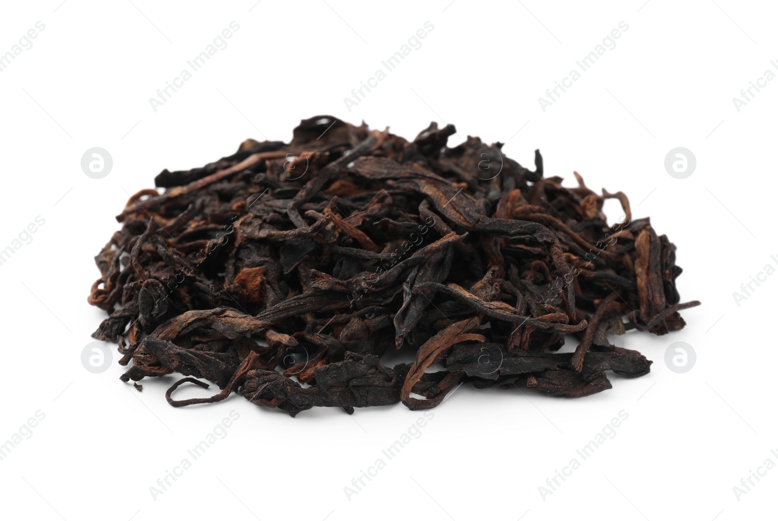 Photo of Pile of Traditional Chinese pu-erh tea leaves isolated on white