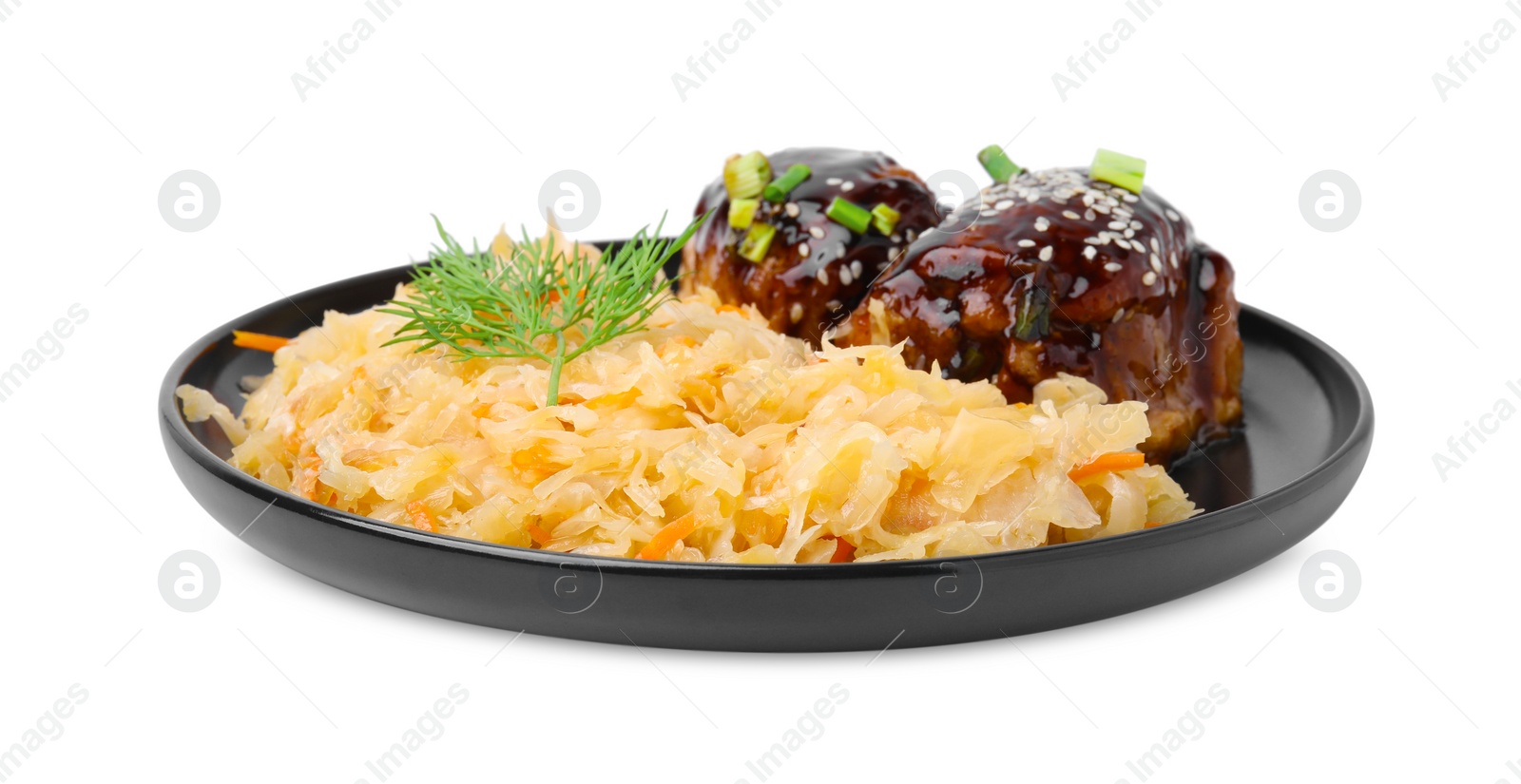 Photo of Plate with sauerkraut and chicken isolated on white