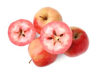 Photo of Tasty apples with red pulp isolated on white, top view