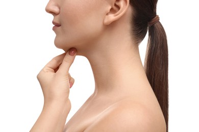 Woman touching her chin on white background, closeup