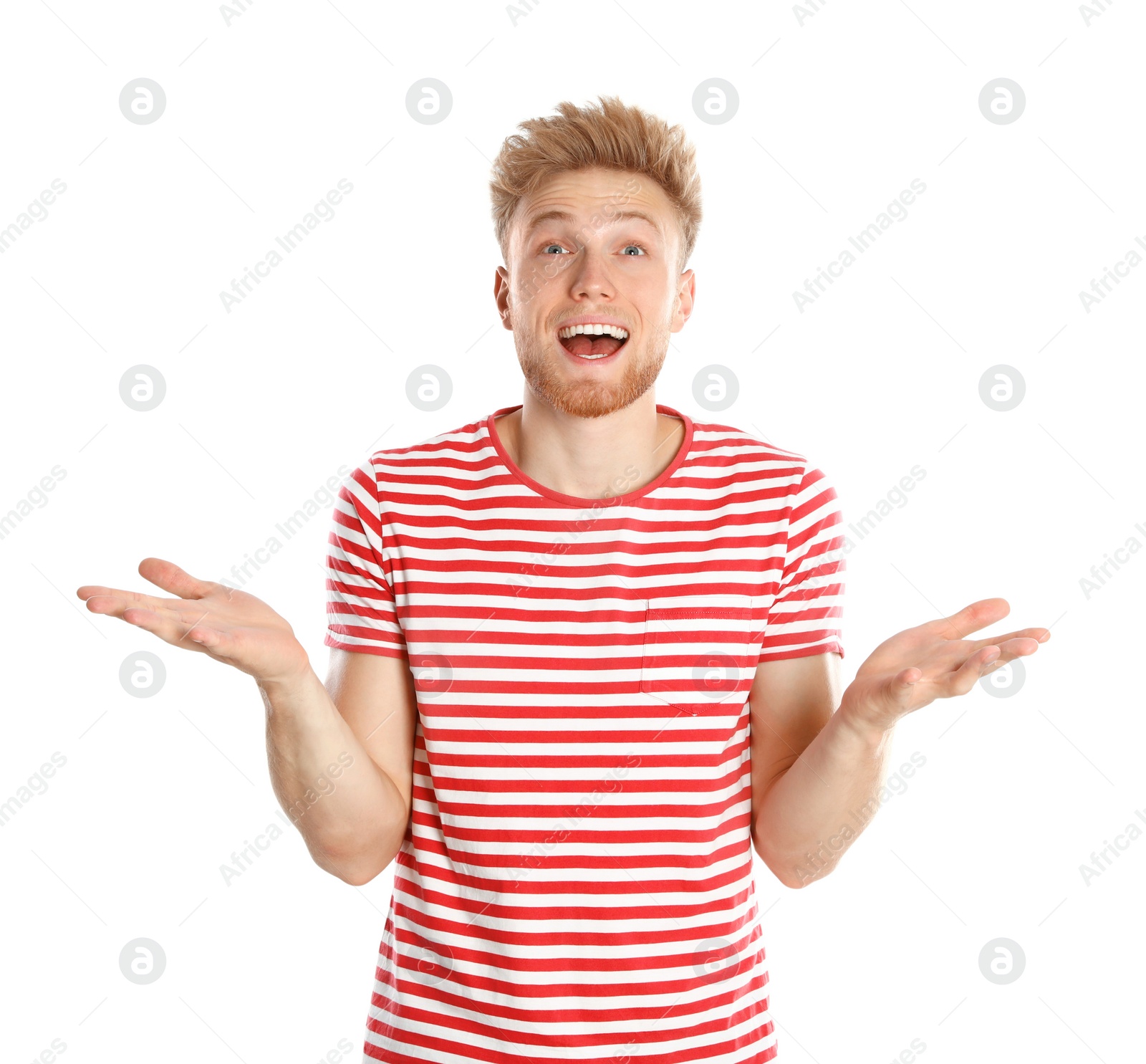 Photo of Young man with air conditioner remote on white background