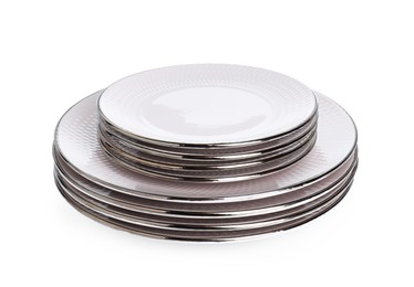 Photo of Stack of beautiful ceramic plates isolated on white