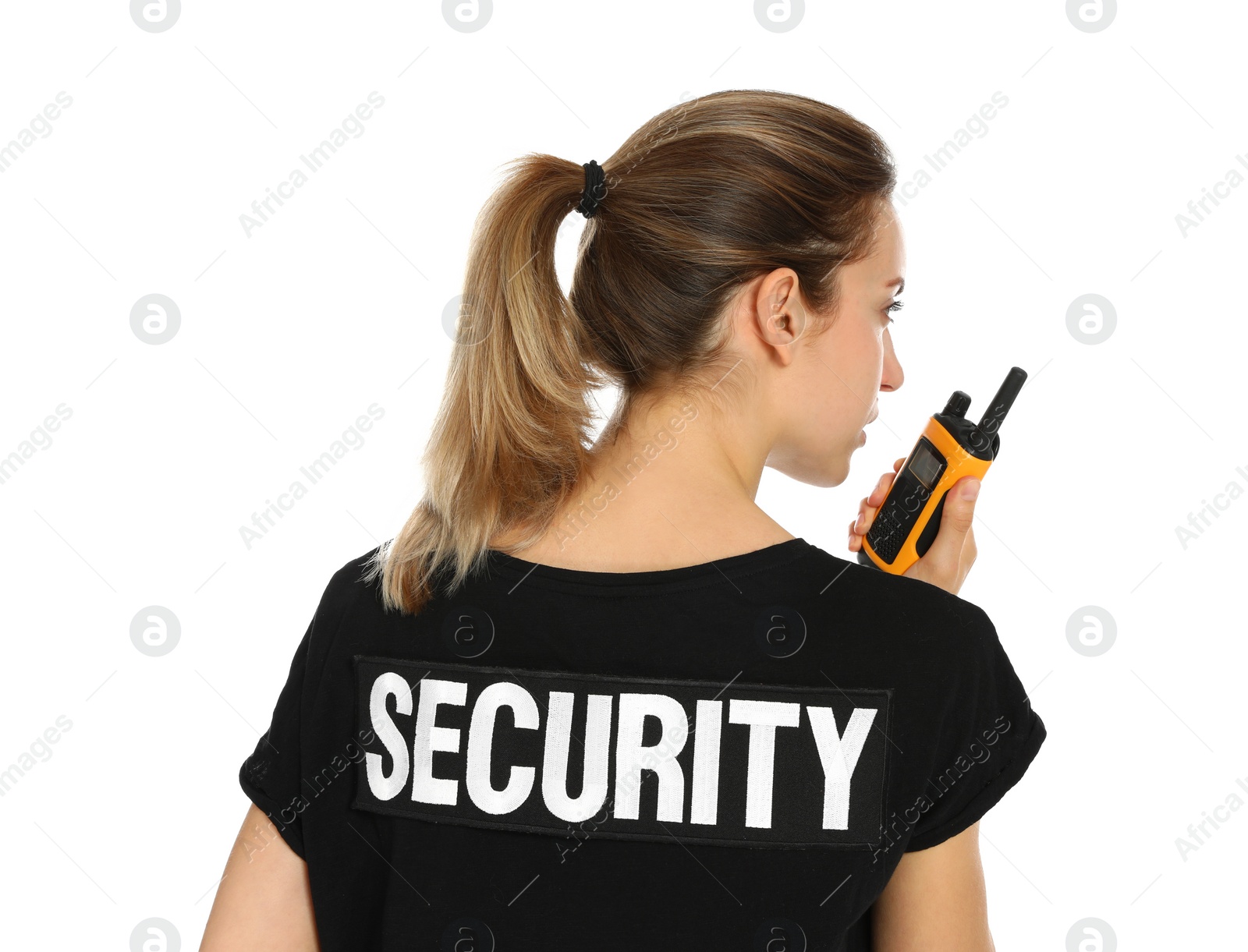 Photo of Female security guard in uniform using portable radio transmitter on white background