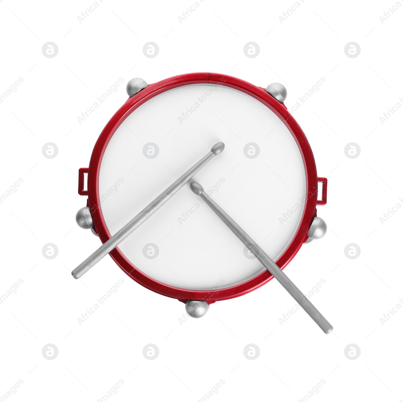 Photo of Drum with sticks isolated on white, top view