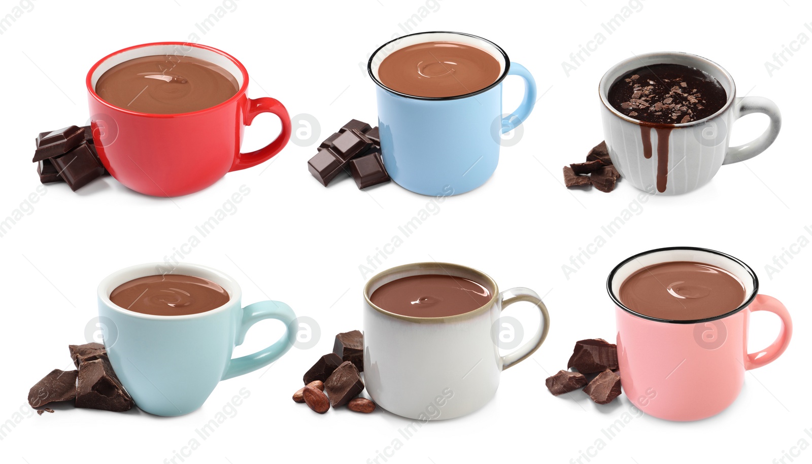 Image of Delicious hot chocolate in cups isolated on white, set