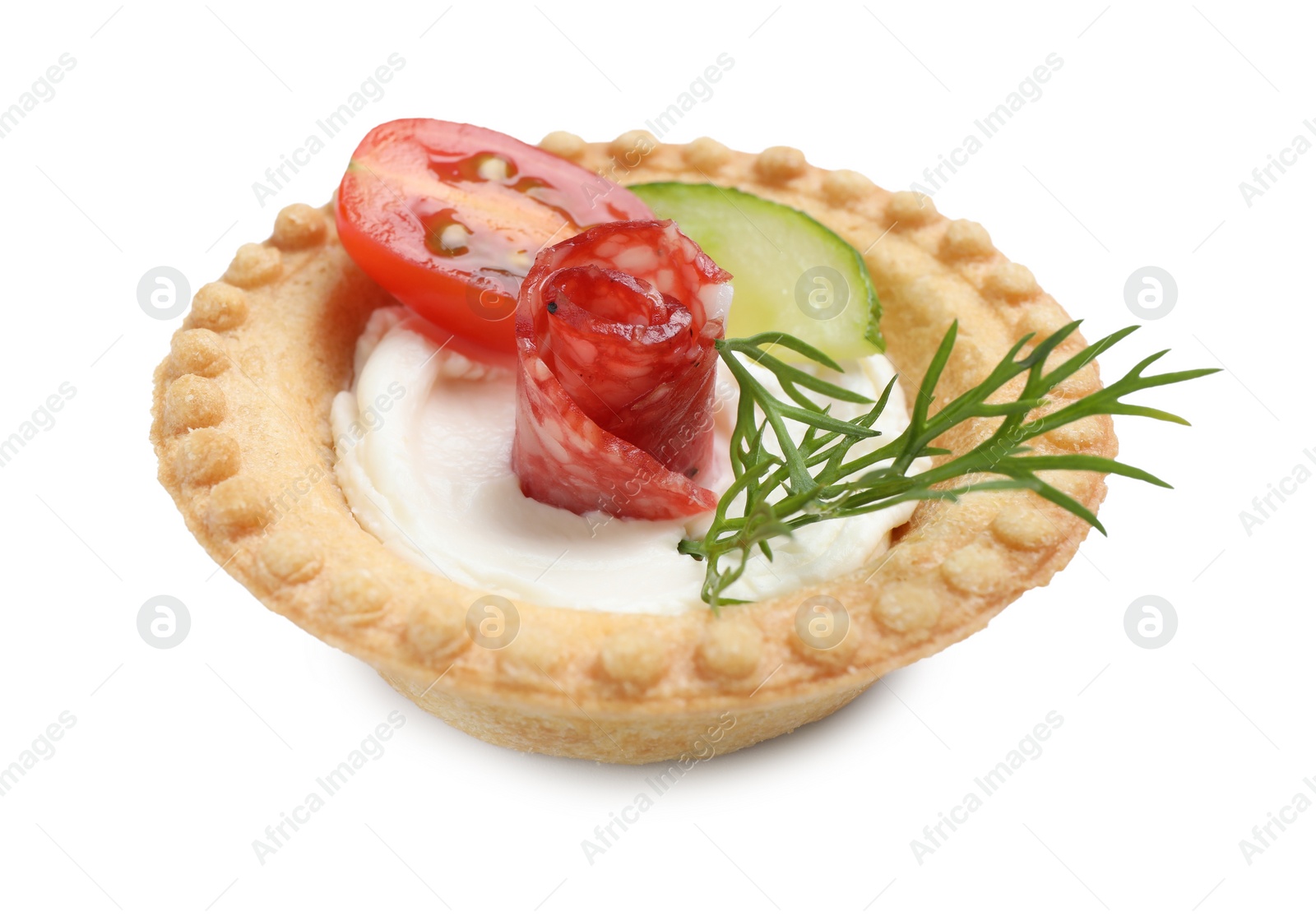 Photo of Delicious canape with dry smoked sausage, cream cheese and vegetables isolated on white