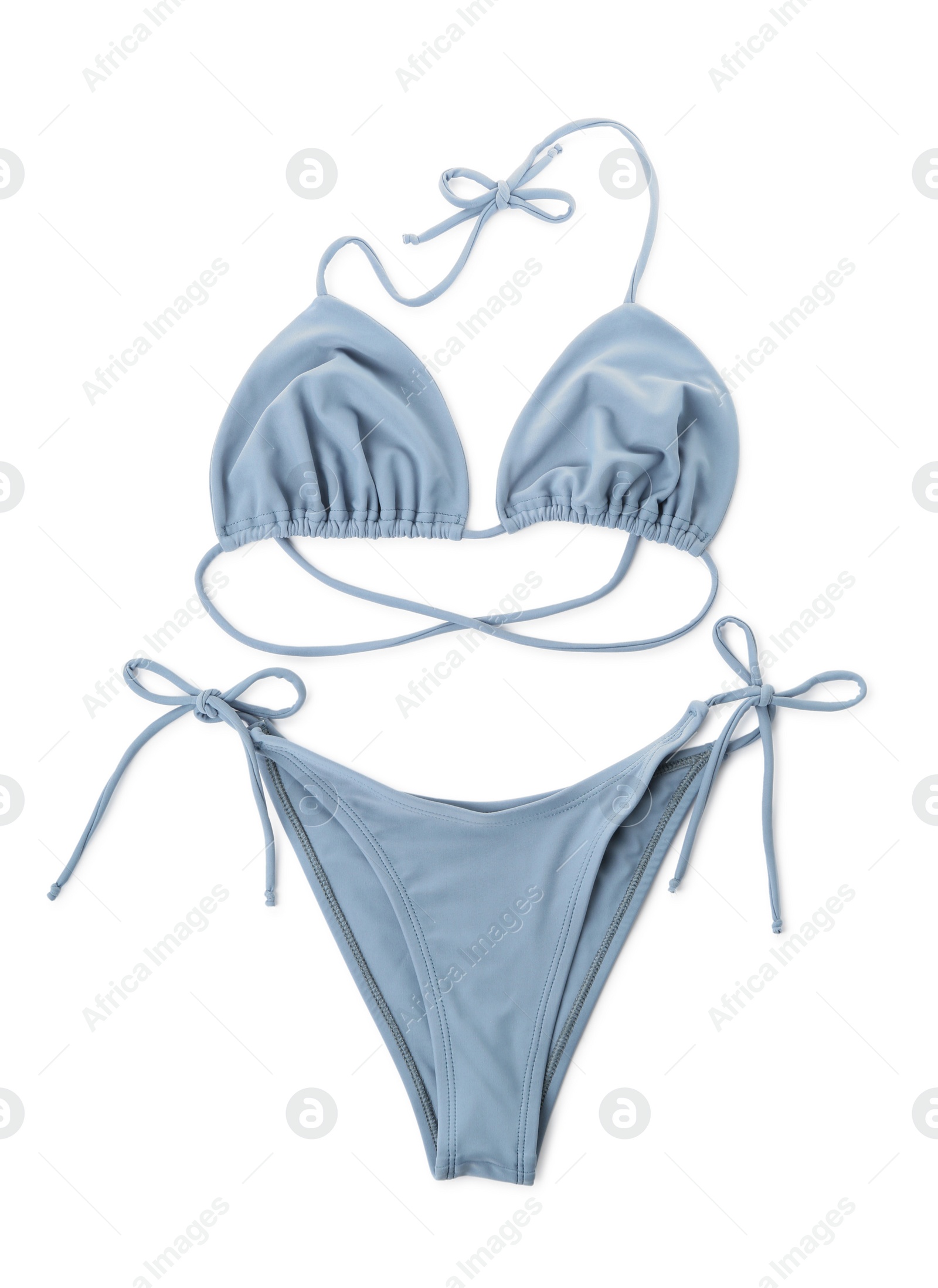 Photo of Stylish blue bikini on white background, top view