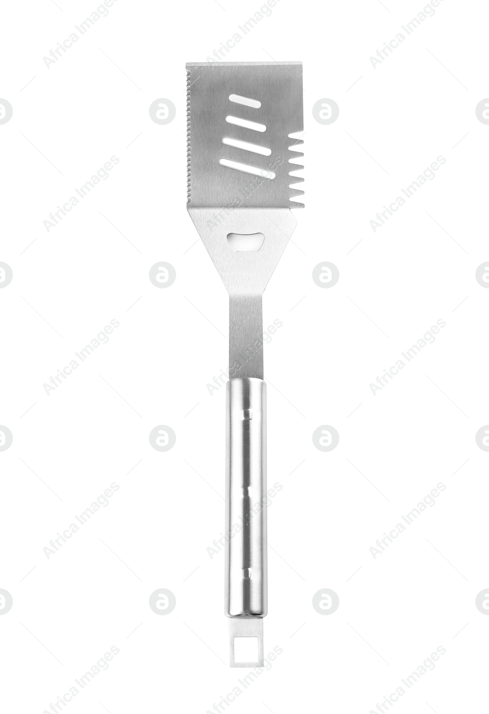 Photo of New metal barbecue spatula on white background