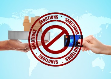 Economic sanctions. Man paying for goods by bank card. Illustration of world map with stop sign on light blue background
