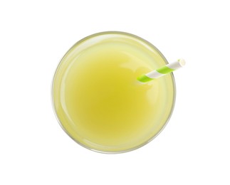 Glass of gooseberry juice with straw isolated on white, top view