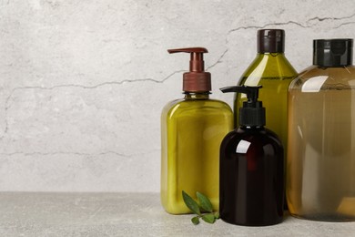 Photo of Shampoo bottles and leaves on light grey table, space for text