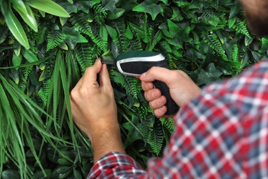 Man with screwdriver installing green artificial plant wall panel, closeup