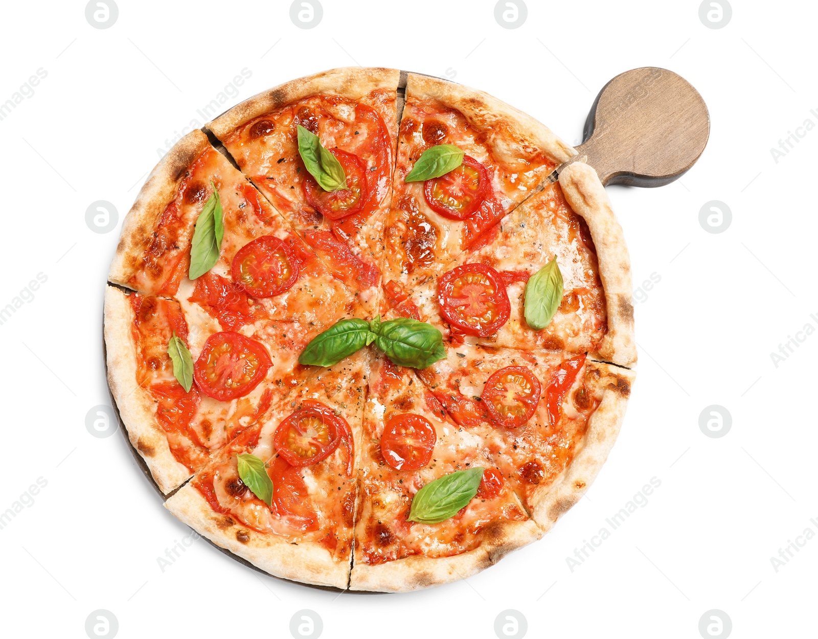 Photo of Delicious hot pizza Margherita isolated on white, top view