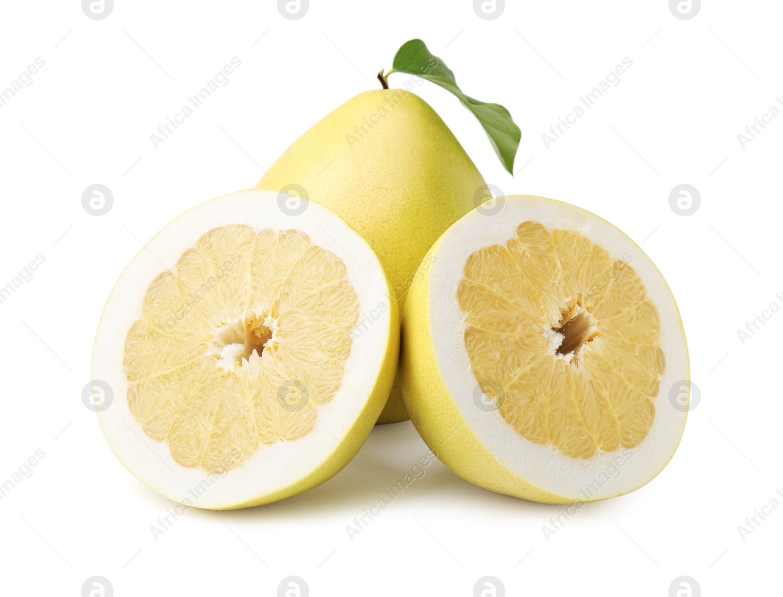 Photo of Tasty whole and cut pomelo fruits isolated on white