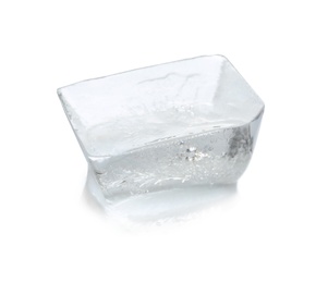 Photo of Transparent ice cube melting on white background
