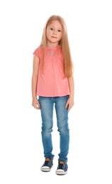 Photo of Full length portrait of cute little girl in casual outfit on white background