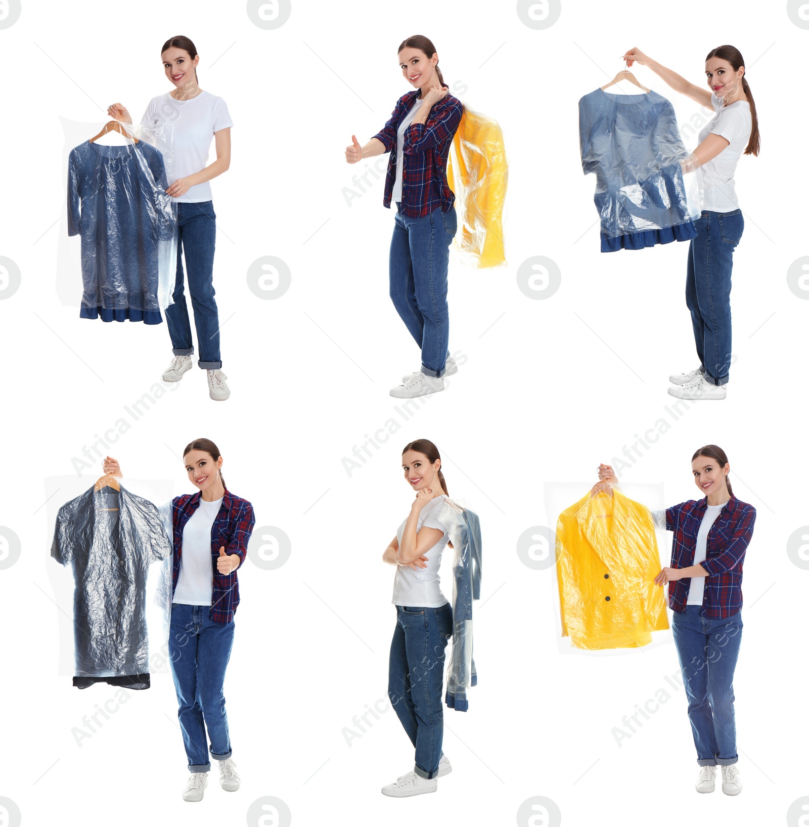 Image of Collage of woman holding hanger with clothes on white background. Dry-cleaning service