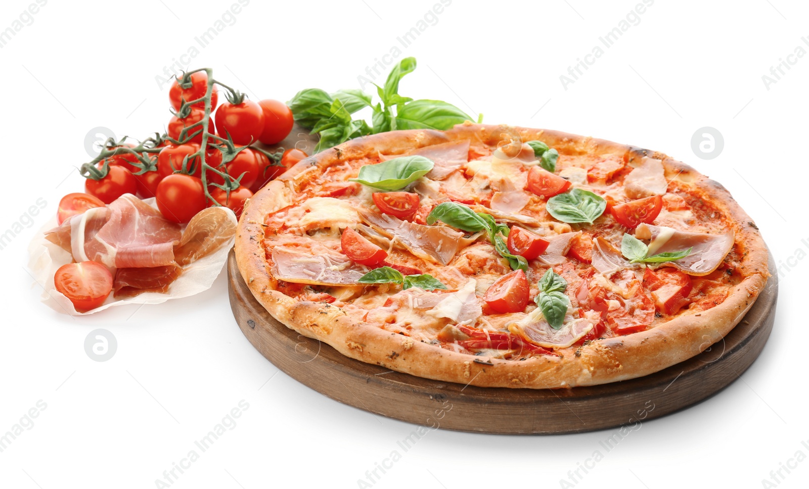 Photo of Delicious pizza with tomatoes and meat on white background