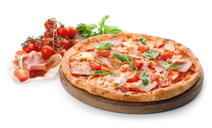 Delicious pizza with tomatoes and meat on white background