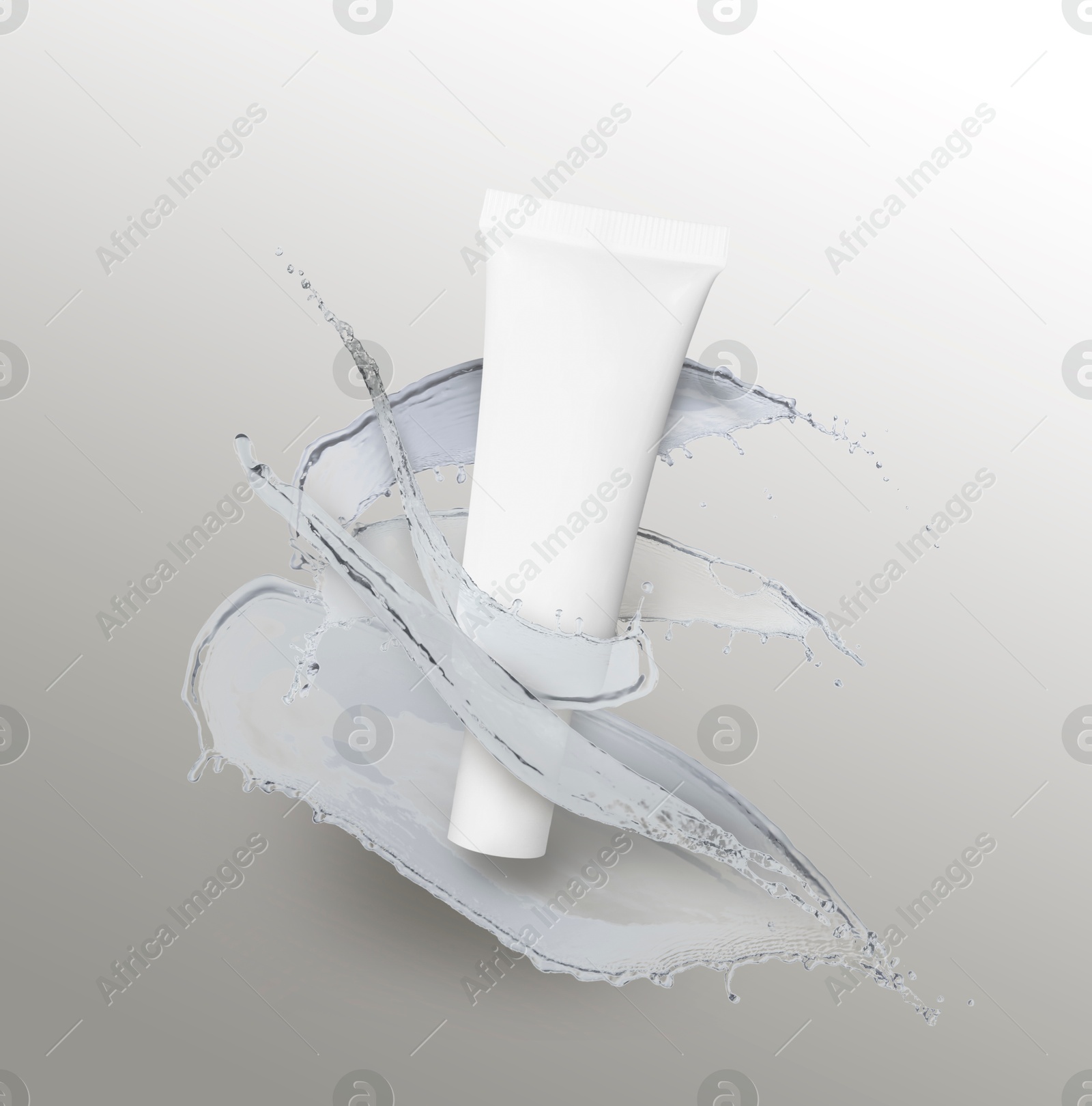 Image of Splashes of cosmetic product and tube with space for design on grey gradient background